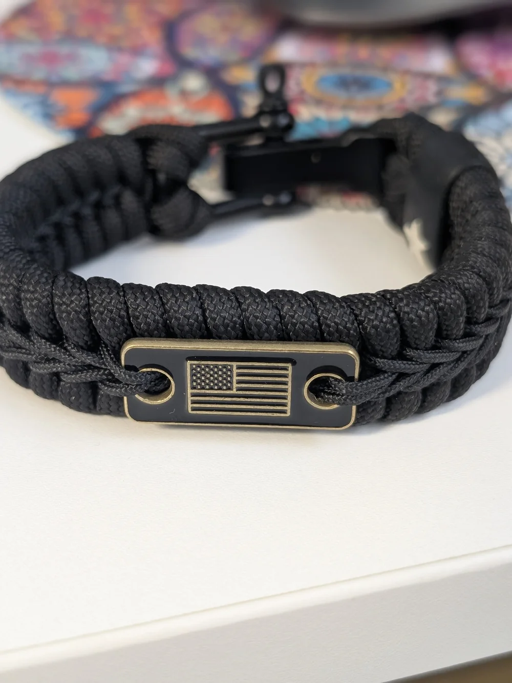 Black Paracord Bracelet with American Flag Accent